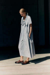 Rory William Docherty: Rory William Docherty - Drop Sleeve Painters Dress Ecru/Blue