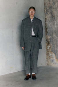Rory William Docherty - Stand Collar Long Line Jacket Herringbone Charcoal