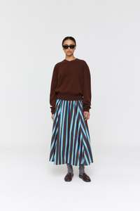 Ricochet: Ricochet - Stripe Maria Skirt Brown/Cobalt Wide Stripe