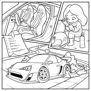 Frontpage: Color Me Sideways! More than 25 Drift-Themed Coloring Pages (Instant Download!)