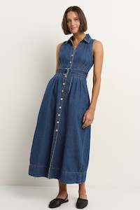 Crescent Storm Blue Denim Sleeveless Midi Shirt Dress