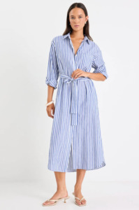 Forward Blue Stripe Cotton Midi Shirt Dress