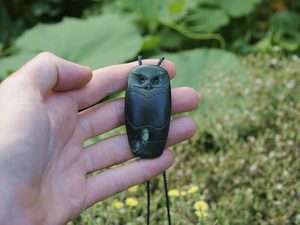 Dark Pounamu Ruru / Morepork — A Carved Piece