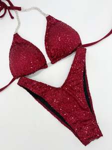 Quick Ship Bikinis: Burgundy sequin figure suit