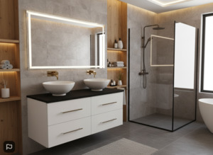 Double basins bathroom vanity cabinet with engeering stone top