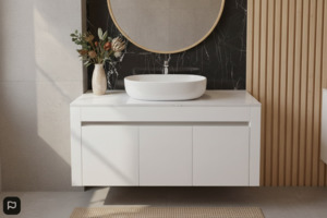 Engeering Stone Bench With Basin: Wall Hung Bathroom Vanity - Gloss White  1200mm Marble Stone Counter Top