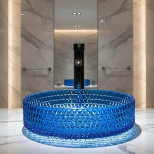 Counter Top Basin: Modern Crystal Basin Wash Glass Sink - Blue Glass