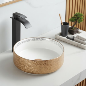 Luxury Brushed Gold Round Ceramic Bathroom Basin Countertop