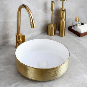Luxury Brushed Gold Round Ceramic Bathroom Basin Countertop