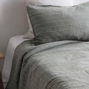King Single Linen: European Linen Duvet Set - Rosemary Dual Stripe, King Single
