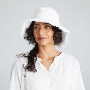 Wardrobe: Cotton Frayed Hem Bucket Hat - White