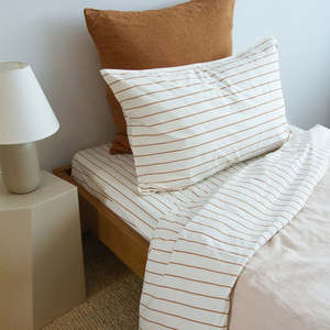 King Single Linen: Stonewash Cotton Flat Sheet, King Single - Cedar Stripe