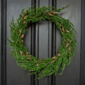 Gifts Under 150: Cedar & Pinecone Wreath with Lights