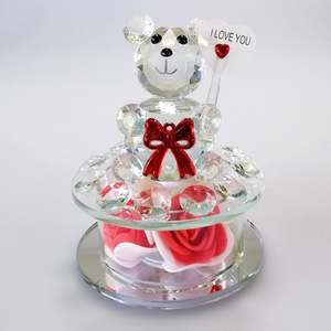 Crystal Glass: Cut Glass 'I Love You' Teddy with Flower & LED Base