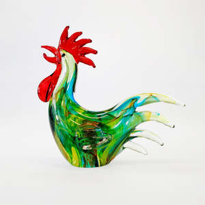 Crystal Glass: Paua-Look Green Glass Rooster - 20cm