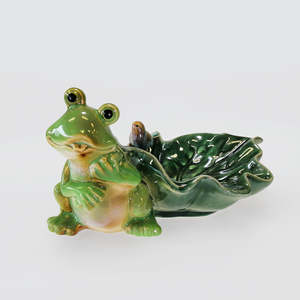 Ceramic Frogs With Leaf Dish & Bird