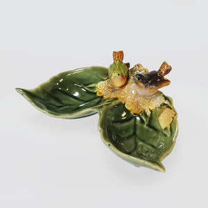 Ceramic Birds With Double Leafed Dish