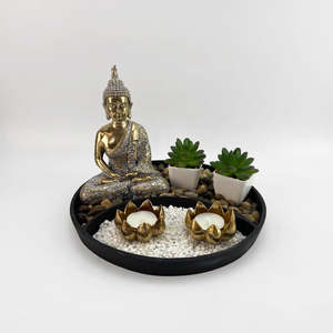 Figurines Sculptures: Buddha Meditating - Gold & Plants - 19cm
