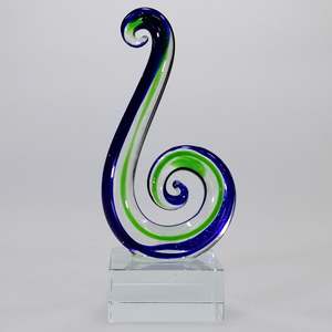 Crystal Glass: Green and Blue Glass Koru Sculpture