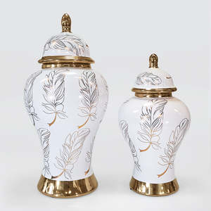 Ginger Jars - White With Gold Feathers