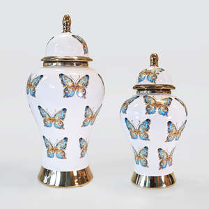 Vases Bowls: Ginger Jars - Gold & Blue Butterflies