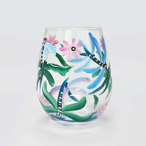 Dining: Hand Painted Stemless Glass - Dragonflies