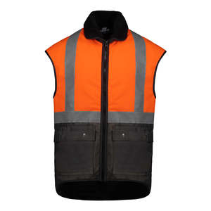 Hi Vis Vests: Far South Hi Vis Taped Oilskin Vest, Orange/Brown