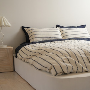 100% French Flax Linen Duvet Cover Set - Midnight Stripe