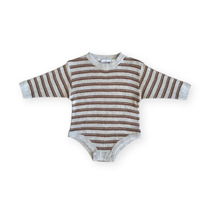 Baby Onesie Growsuits Zipsuits: Ribbed Stripe Romper - Grey Marle/Brownie