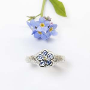 Silver Rings: Sapphire and yellow diamond forget me not ring