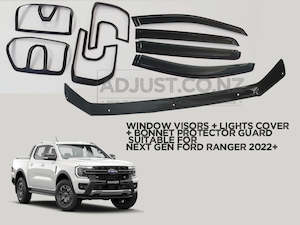 Other Accessories: New Gen 2022+ Ford Ranger Window Visors + Light Trim Covers + Bonnet Protector