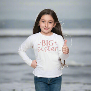 Long Sleeve Big Sister T-Shirt - White Cotton Sibling Announcement NZ