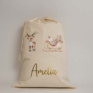 Christmas Collection: Personalised Whimsical Santa and Sleigh Santa Sack - Custom Christmas Gift Bag NZ