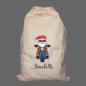 Christmas Collection: Personalised Santa on Motorbike Santa Sack - Custom Christmas Gift Bag NZ