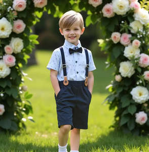 Boys Light Blue 4-Piece Outfit Set - Shirt, Shorts, Bow Tie & Suspenders