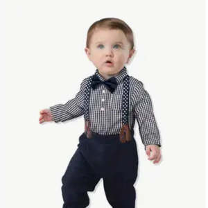 Boys Special Occasion Clothes Accessories: Boys Formal Outfit - Black Checked Shirt, Black Pants, Bowtie & Suspenders
