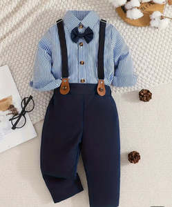 Boys Striped Dress Shirt and Navy Pant C/W Bowtie and Suspenders