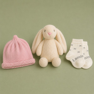 Products: Newborn Baby Girl Gift Set NZ | Pink Beanie, Bunny Soft Toy & Lamington Socks