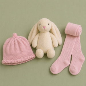Products: Baby Girl Gift Set NZ | Wool Beanie, Bunny Soft Toy & Pink Merino Lamington Tights