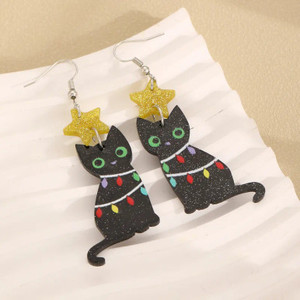 Christmas earrings - black cat with lights
