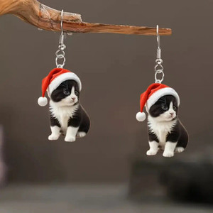 Christmas earrings - back and white kitten with Santa hat