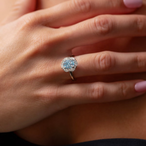 Blue Diamond Ring with Marquise and Round Diamond Halo