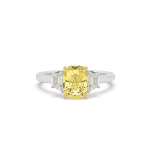 Yellow Cushion and Trapezoid Diamond Trilogy Engagement Ring