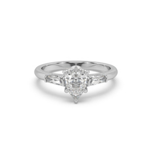 Trilogy Engagement Rings: Pear and Baguette Diamond Trilogy Engagement Ring