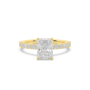 Diamond Band Engagement Rings: Radiant Diamond Hidden Halo with Round U-Prong Band Engagement Ring