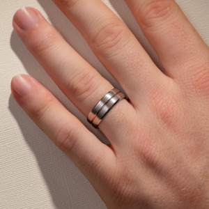 Mens Wedding Bands: 7.00MM Two Tone Low Half Round Band w/ Centre Detail & Brush Sides & Polished Edges Wedding Ring