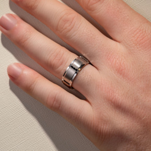 8.00MM Flat Band w/ Raised Brush Centre & Rows of Black Diamonds Wedding Ring