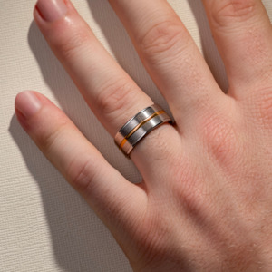 Mens Wedding Bands: 8.50MM Two Tone Flat Band w/ Centre Detail & Brush Sides & Polished Edges Wedding Ring