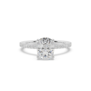 Diamond Band Engagement Rings: Cushion with Diamond Band & Hidden Halo Engagement Ring