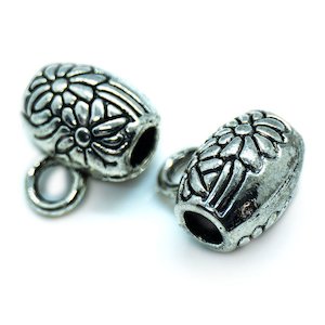Metal Beads: Oval Metal Barrel Bead with Flower Design and Loop 8mm x 6mm